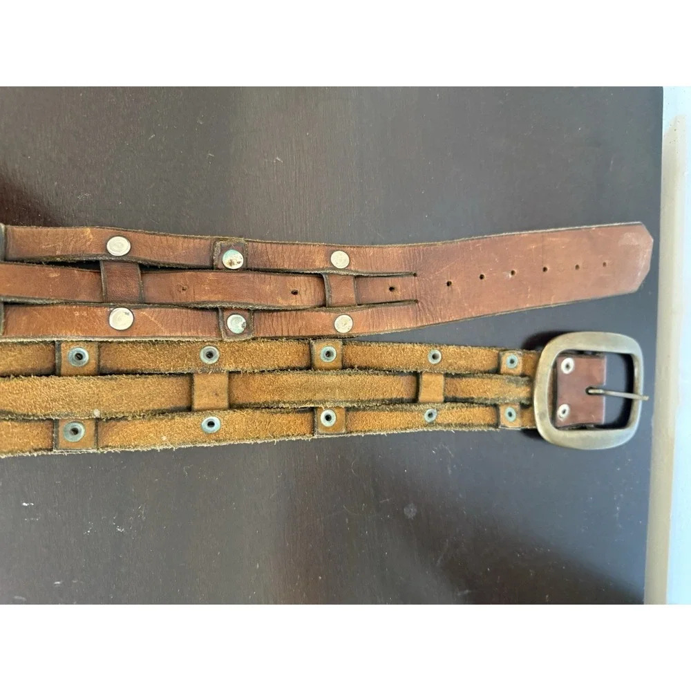 Vintage Unisex Brown Silver Leather Pin Buckle Casual Waist Belt 44-in Long